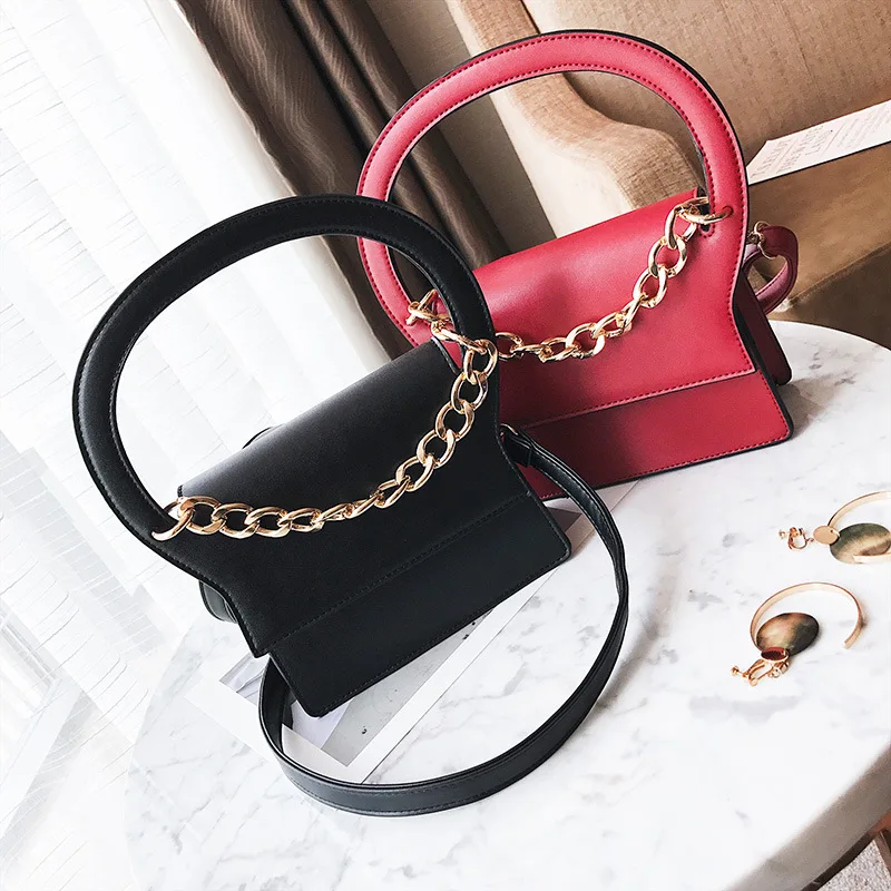 

2019 New Style Ox Horn Power Square Sling Bag Metal Chunky Chain Shoulder Oblique Handbag