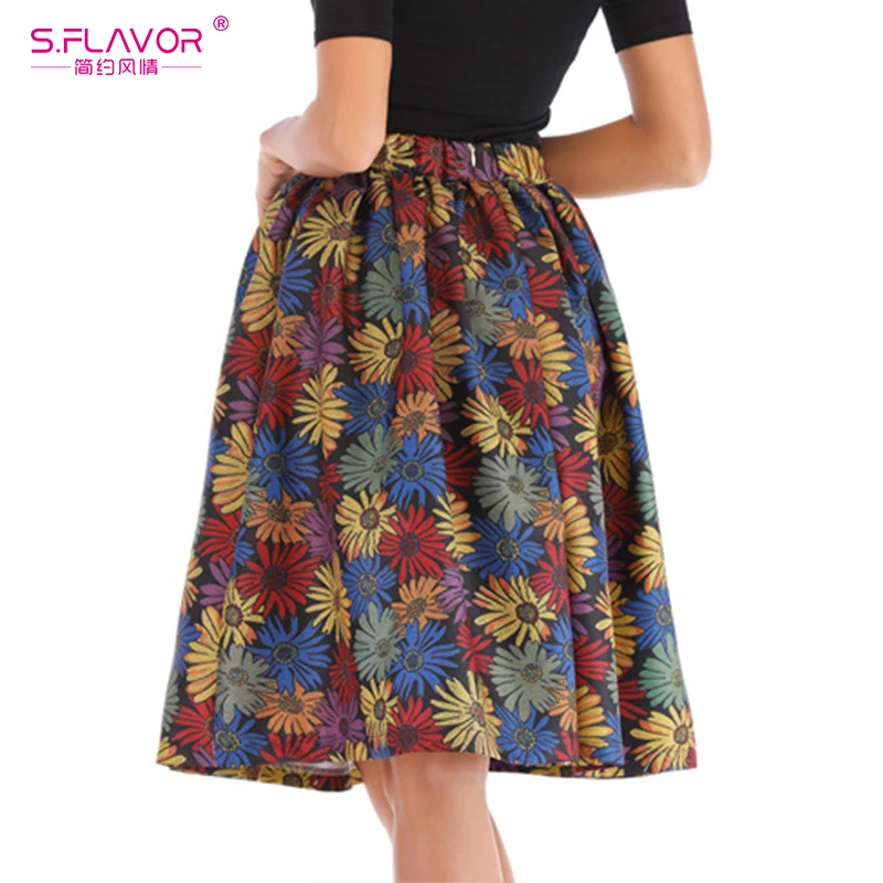S.FLAVOR, Весенняя юбка с цветочным принтом и высокой талией, новинка, Женская плиссированная трапециевидная Юбка До Колена, женские повседневные юбки с карманами для вечеринок