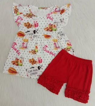 

2020 Baby Girls Summer Wear Clothes Flutter Sleeve Outfit Red Icing Shorts Hamburger Fried Chicken Shirt Kids Wholesale Clothes