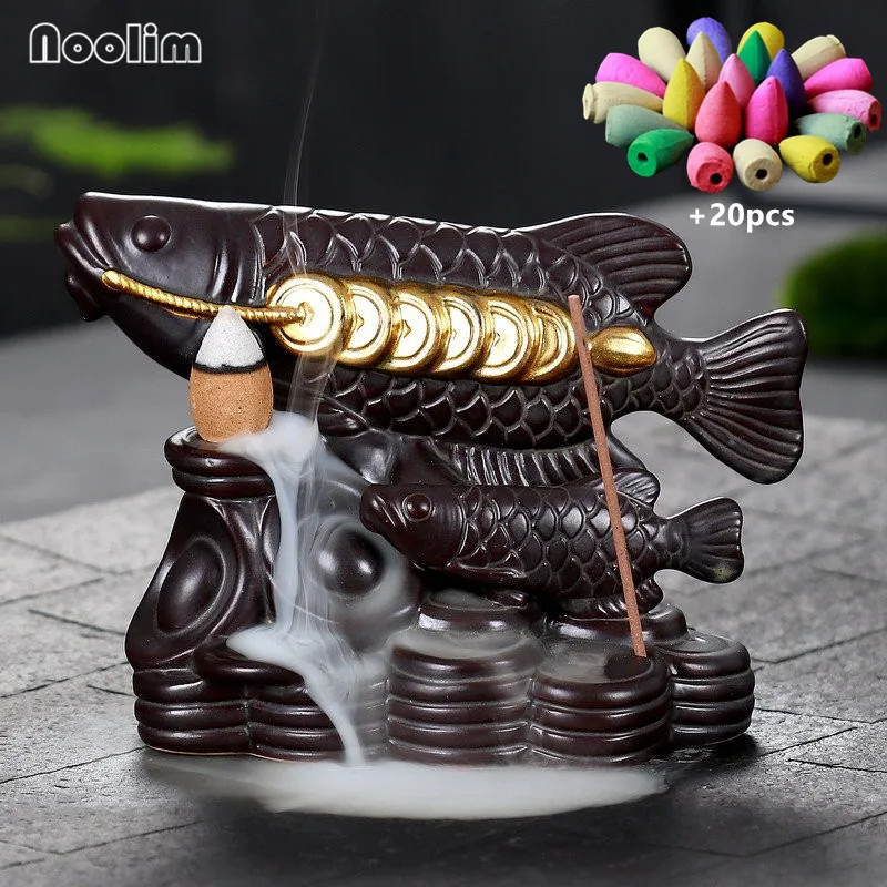 

Ceramic Money Fish Incense Stick Holder Backflow Incense Burner Smoke Waterfall Incense Cone Censer Home Decor + 20pcs Cones