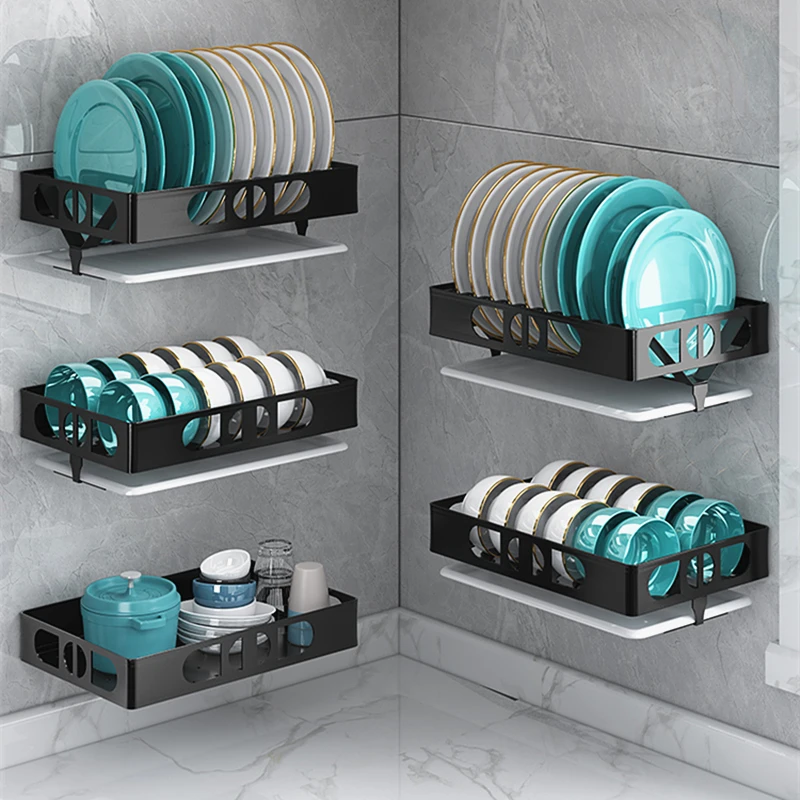 

Black Stainless Aluminum Alloy Wall Mouted Dish Drying Rack with Drainer Bowl Spice Dinnerware Storage Organizer Kitchen Tools