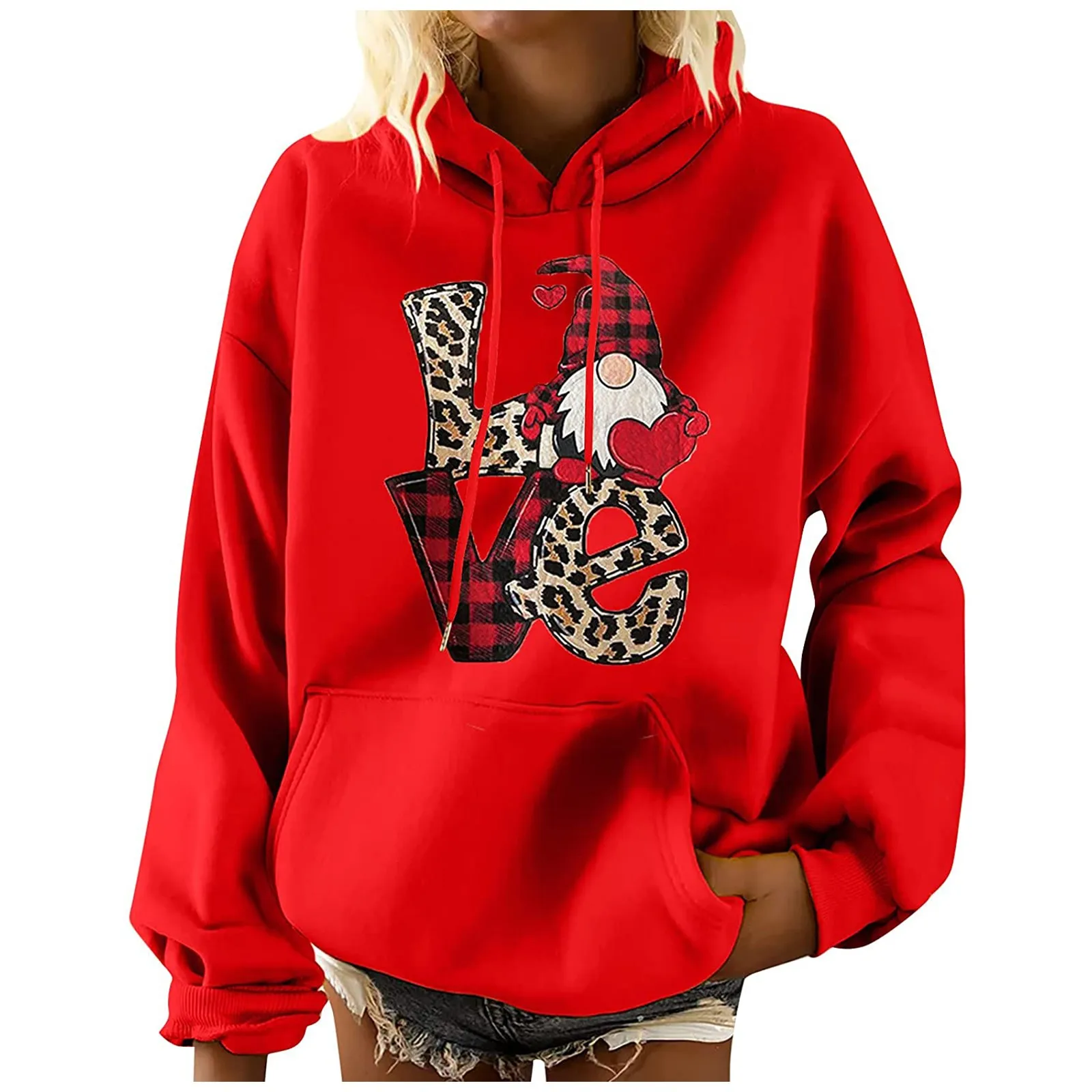 Red Kawaii Cartoon Long Sleeve Women Hoodie Drawstring Leisure Christmas Blouse Loose Cute Pullover Sweatshirt Sudaderas Блузки |