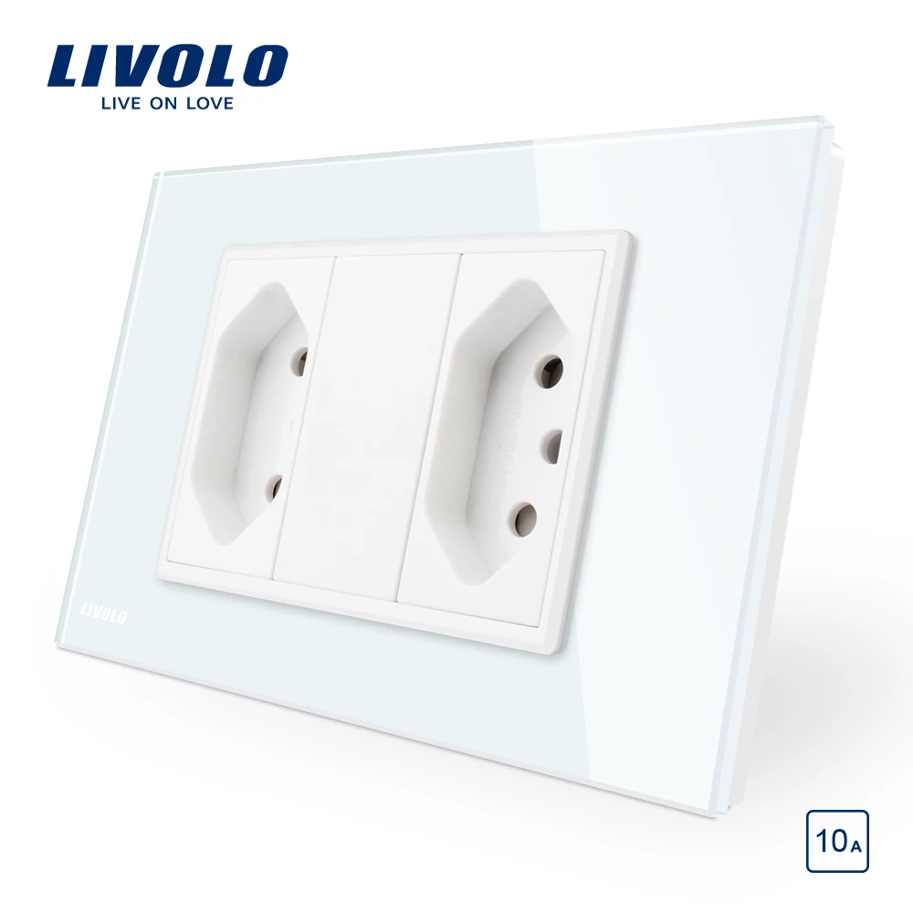 Livolo бразильский/Итальянский стандарт 2 банды 3 штифта 10А гнездо, стеклянная панель без вилки, C9C2CBR1-11/12 - Тип: White