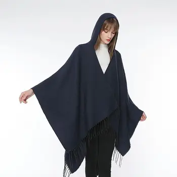 

Womens Winter Hooded Shawl Oversized Poncho Cape Solid Color Wraps Blanket Open Front Pashmina Cardigans with Fringe Tassels