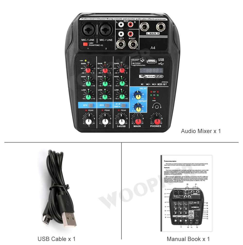 Woopker Wireless 4 Channel Audio Mixer A4 Portable Bluetooth-compatible USB Sound Mixing Console 48V Phantom Power