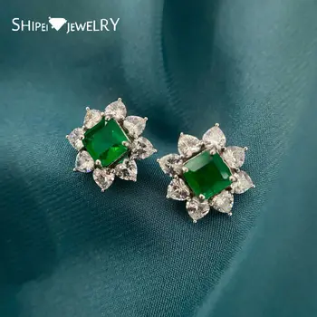 

Shipei Vintage 925 Sterling Silver Square Emerald Greated Moissanite Diamonds Gemstone Wedding Fine Jewelry Engagement Earrings