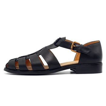 

Men Gladiator Genuine 2020 Leather Handmade Vintage Solid Black Street Summer Shoes British Buckle Flat Sandals