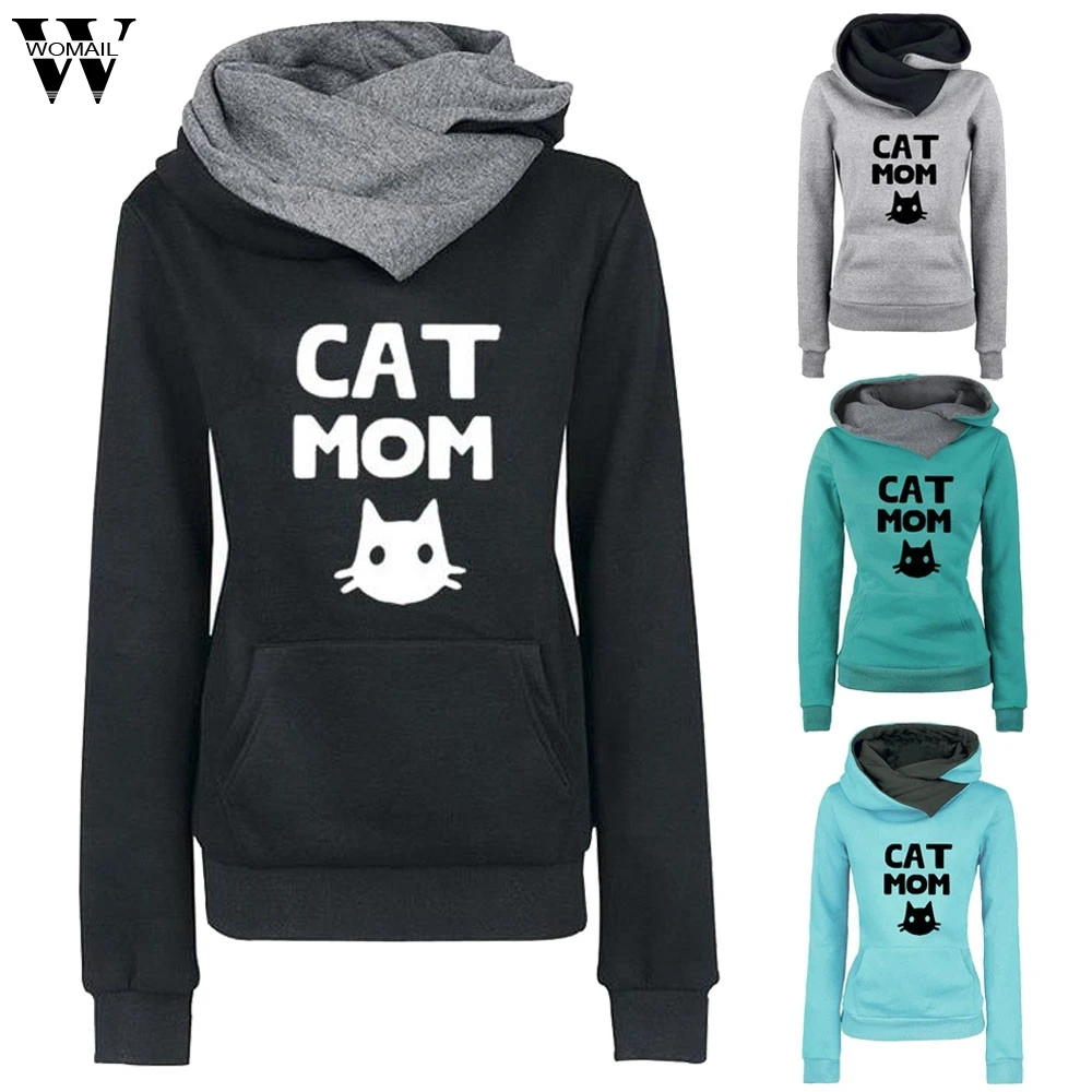 

Womail Sweatshirts Autumn CAT MOM Print sweatshirts Hooded pullover Fashion Long Full Sleeve Casual women Sweatshirt capuche