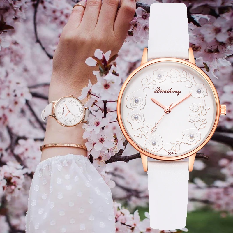

3D Embossed Flowers Watches For Women Pearls Macaron Leather Girls Creative Quartz Clock Ladies Bracelet Wrist Watch