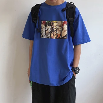 

2020 Summer New Men's Loose Anime Printed Short-sleeved T-shirt Fashion Casual Round Neck Large Size Pullover Black / White/Blue