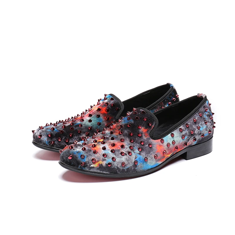 

New style Men's Genuine leather Colour pattern Casual shoes rivet pointed toe Flat dress Shoes fashion slip-on oxford for men