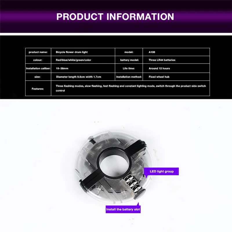 Bike LED Flower Drum Wheel Light Mountain Bicycle Front/Tail Hub Light Spoke Warning Lamp Night Riding Cycling Decoration Light