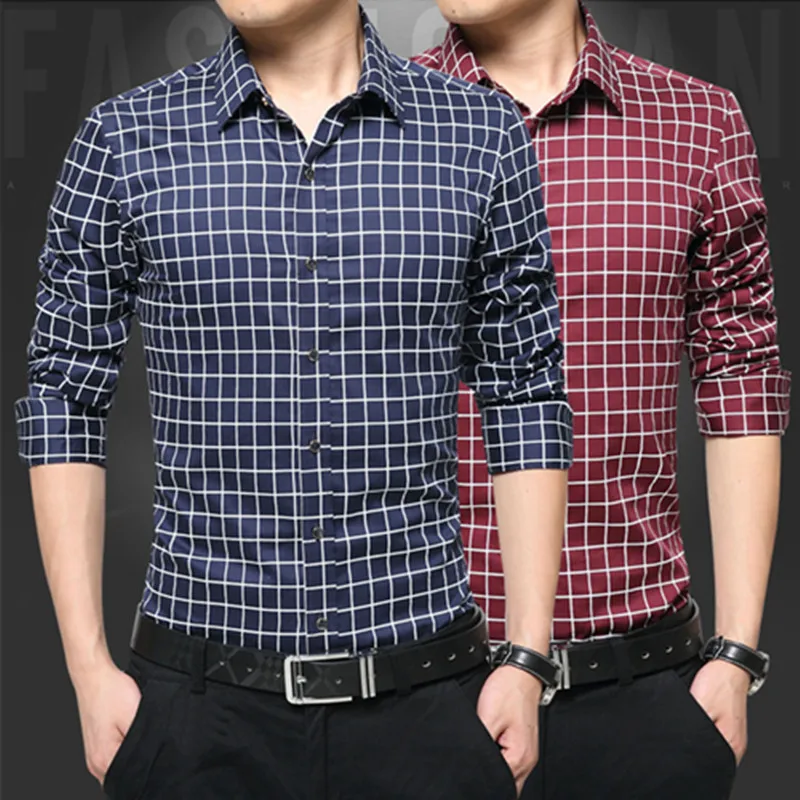 

New 2019 Mens Fashion Boutique Cotton Grid Slim Business and Leisure Long-sleeved Shirts / Men of High-grade Large Casual Shirts
