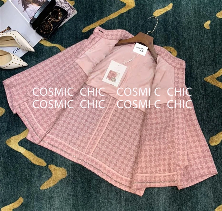 Cosmicchic, подиумный женский твидовый пиджак, однобортный, розовый, в клетку, с карманами, короткое пальто, тканые куртки, элегантная офисная одежда