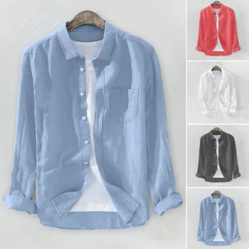 

2019 Summer Plus Size Men's Baggy Solid Cotton Linen Long Sleeve Button Pocket Shirts M-3XL camisa masculina camisas hombre