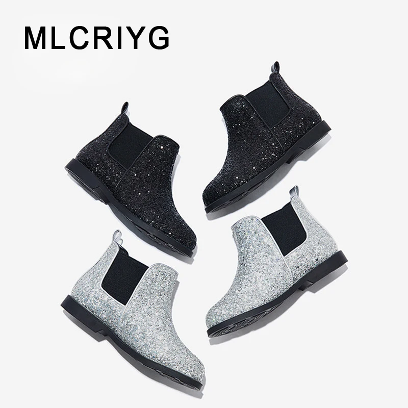 

New Winter Kids Chelsea Boots Children Warm Glitter Shoes Baby Girls Brand Princess Boots Ankle Boots Fashion Black Soft Boots