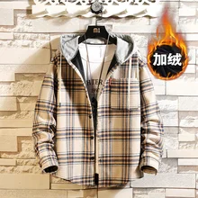 Толстая флисовая клетчатая рубашка мужская с капюшоном зимняя Толстая рубашка с длинным рукавом мужская Осенняя Корейская размера плюс Повседневная теплая куртка AA50CS