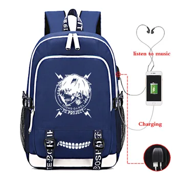 

Classic Japanese Anime Tokyo Ghoul Printed Women Men Fashion USB Charging Earplug Hole Backpack Large Capacity
