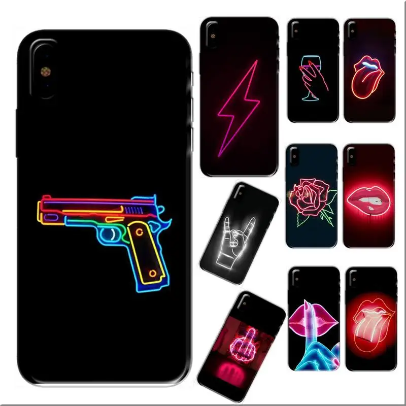 Black background Neon Lips luxury brand case coque fundas carcasa accessories etui capas for iphone XR cases cover | Мобильные