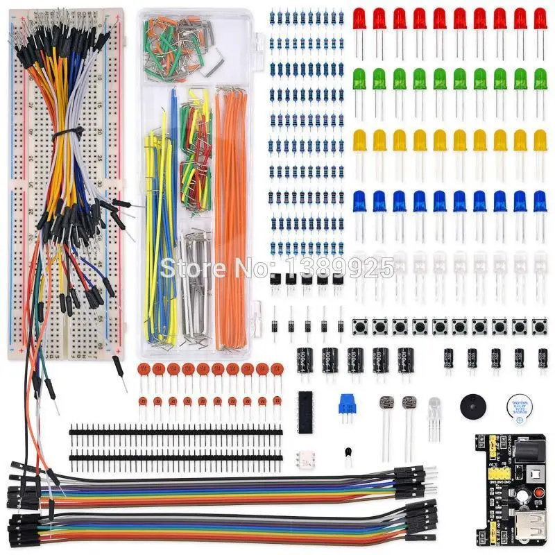 Электронный компонент базовый стартовый набор с 830 соединительными точками макетная плата кабель резистор конденсатор светодиодный потенциометр коробка упаковка