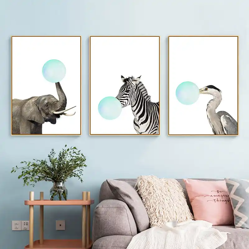 Nordic Living Room Painting Animal Blowing Bubbles Elephant Zebra