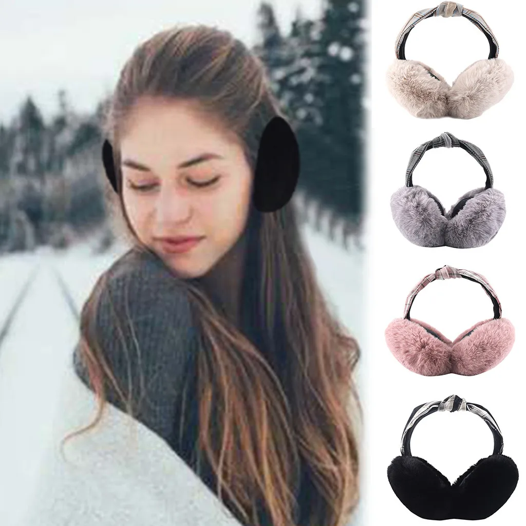 black Solid Harajuku ear warmer Women Foldable Winter Earmuffs Faux Fur Hamburger Ear Warmer Plush Headgear cache oreille