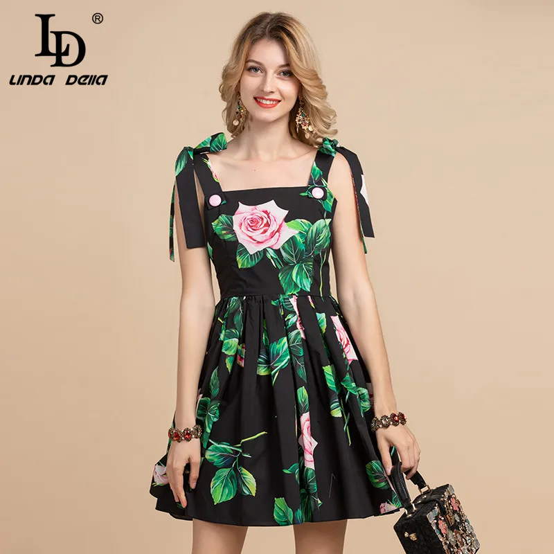 

LD LINDA DELLA Fashion Runway Elegant Summer Dress Women's Bow Spaghetti Strap Black Vintage Floral Print Cotton Short Dress