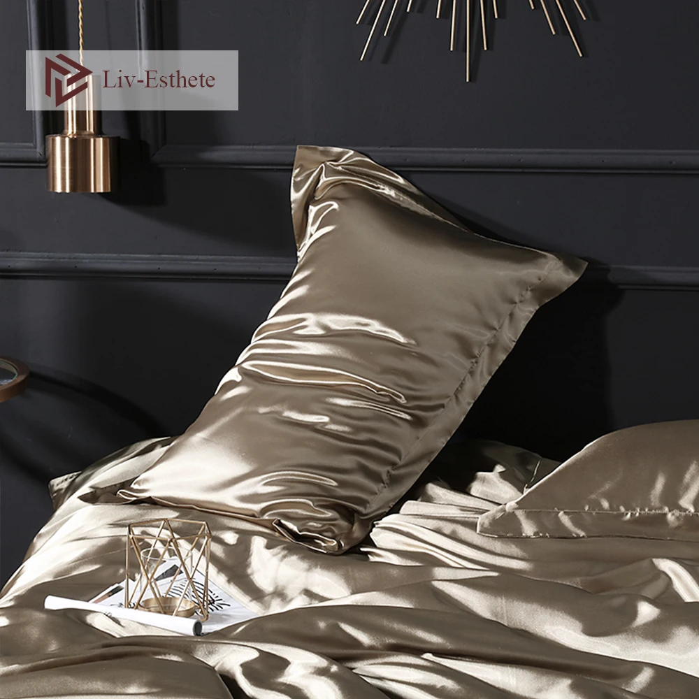 Funda de almohada de lujo de seda satinada y oro oscuro, 100% de lujo, Color sólido, sedoso, estándar, para la belleza