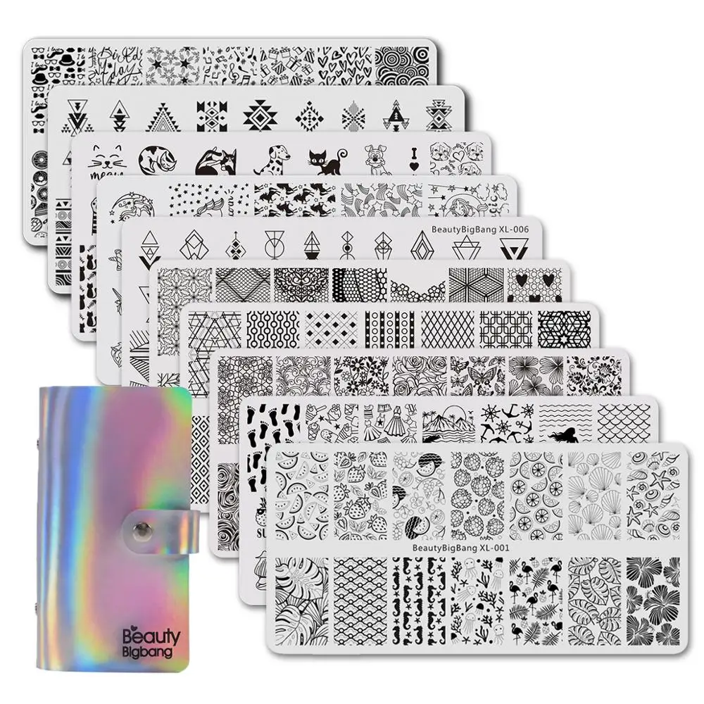 Billige BeautyBigBang Nagel Stanzen Plates10 Pcs Set Für Nägel Kunst 6*12cm Rechteck Sommer Blume Nagel, Platte Vorlage mit Tasche