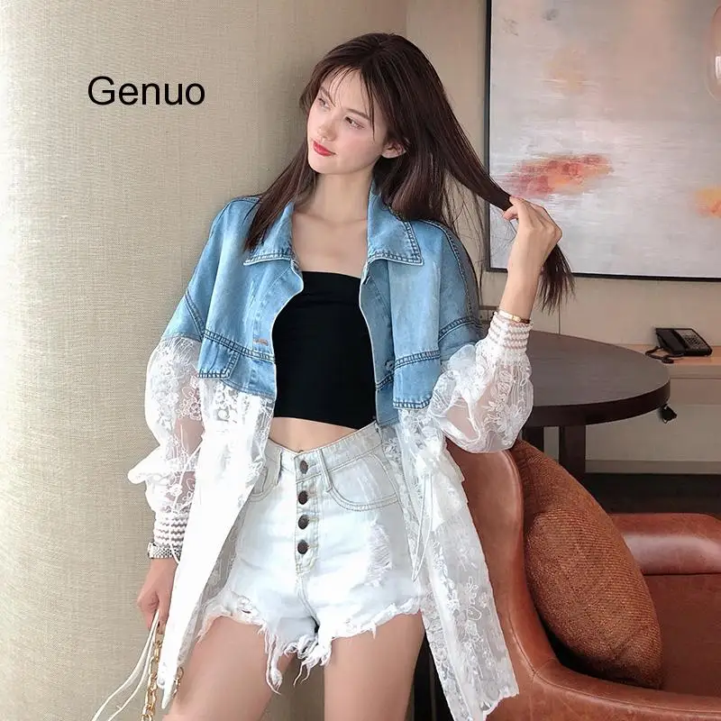2020 New Summer Fashion Stitching Lace Embroidery Large Size Denim Jacket Women's Coat Loose Perspective Tops Denim Coat
