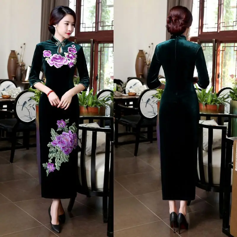 Китайское традиционное женское платье Cheongsam, пуговицы ручной работы, зеленый воротник, сексуальное платье cheongsam