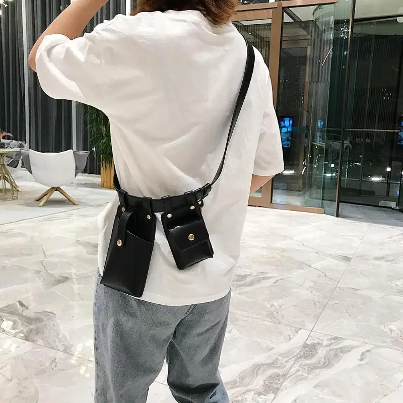 В стиле панк двойной мешок плеча личности Сумки Для женщин Талия Fanny Pack п брелок из искусственной кожи дорожные нагрудные сумки