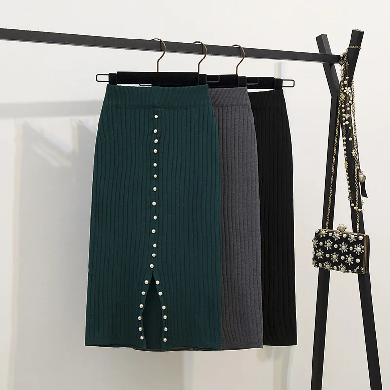 

Elastic Waist Sweater Skirts Women Split Skirts Beading Sexy High Waist Skirt Autumn Winter New Solid Black Gray Green Saias
