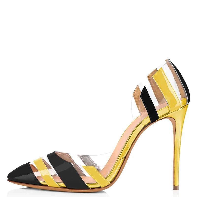 Радужные женские туфли на высоком каблуке; Разноцветные Лоскутные туфли-лодочки из лакированной кожи на шпильке; туфли с острым носком; большие размеры 43-44; модная обувь; Shofoo - Цвет: Yellow High Heels