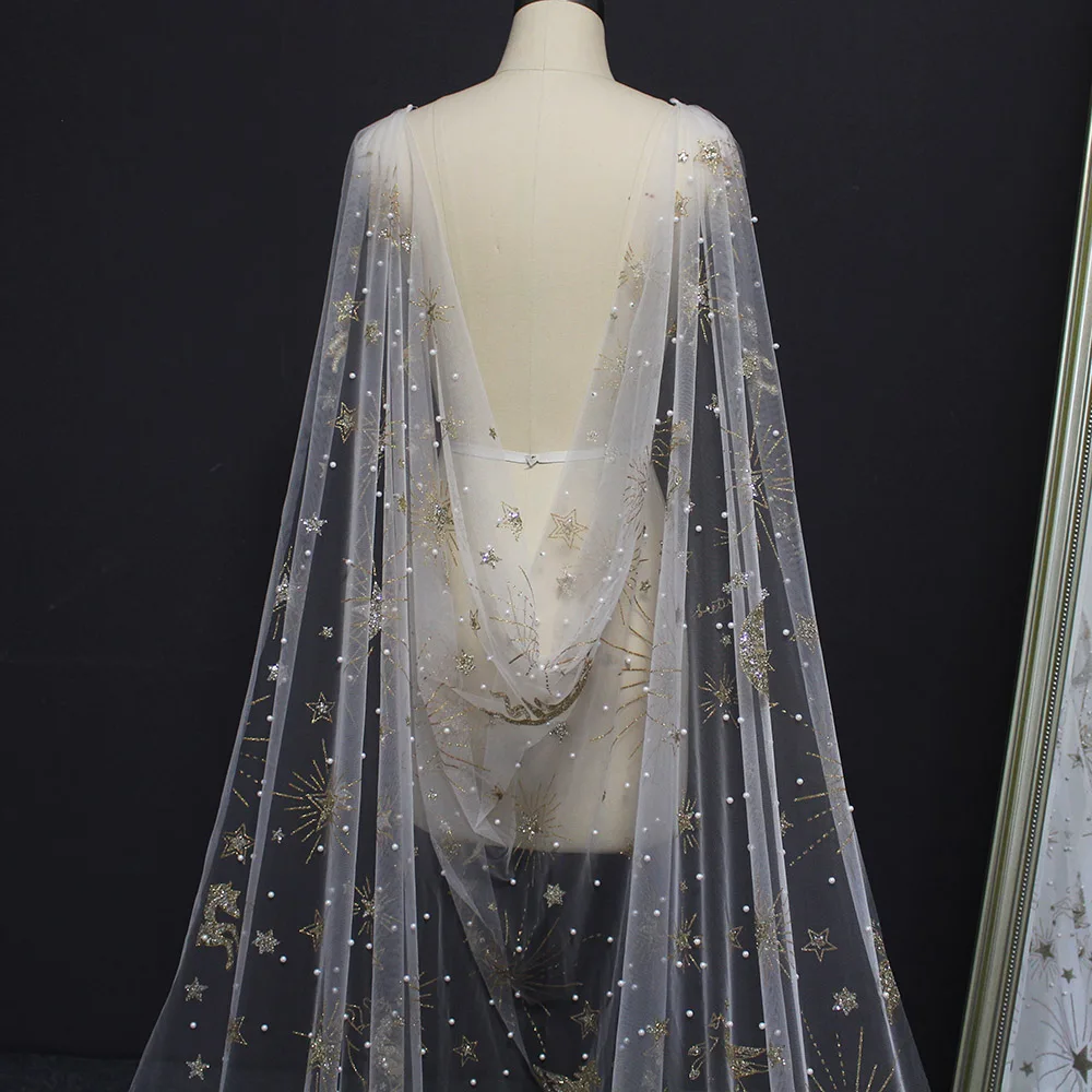 Customized Luxury Pearls Wedding Cape with Gold Dust 3 Meters Long Pearls Wedding Bolero shrugs for women Accessories