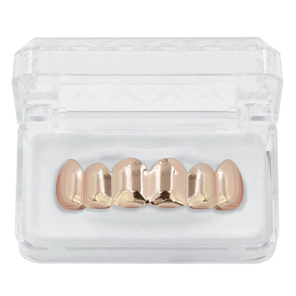Rose Gold Top GUCY индивидуальный стиль цвета: золотистый, Серебристый покрытием в стиле «хип-хоп», декоративные Зубные коронки верхней и нижней вампира зубы-клыки шапки комплект имея специальное силиконовое покрытие - Окраска металла: Rose Gold Top