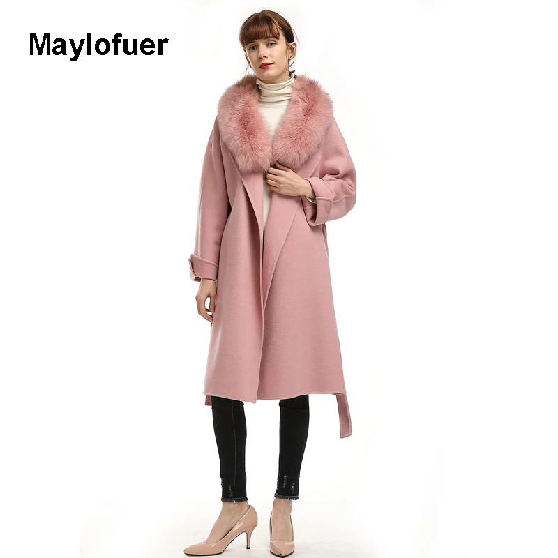 Maylofuer Длинный натуральный Лисий мех съемный воротник женская зимняя куртка шерстяные пальто с поясом кашемировое пальто - Цвет: as photo