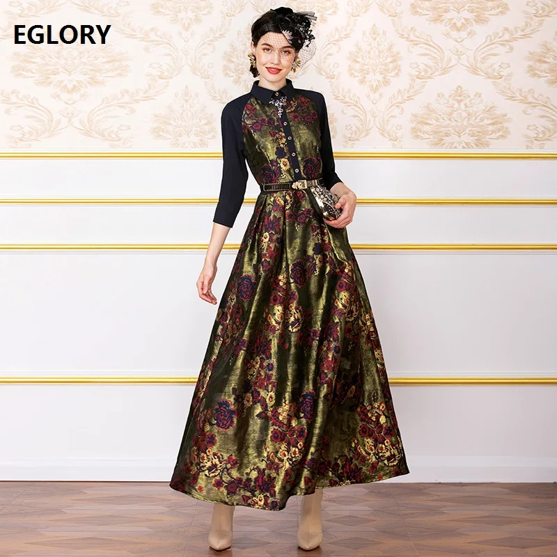 2019 Herfst Winter Mode Maxi Party Jurken Vrouwen Turn-down Kraag Vintage Jacquard Print 3/4 Mouw Elegante Lange jurk 2019 Herfst Winter Mode Maxi Party Jurken Vrouwen Turn-down Kraag Vintage Jacquard Print 3/4 Mouw Elegante Lange jurk