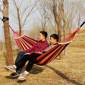 

Thicked Canvas 260*150cm Hammock Portable Outdoor Camping Prevent Rollover Hanging Swing Chair Rainbow Color + Wooden Stick