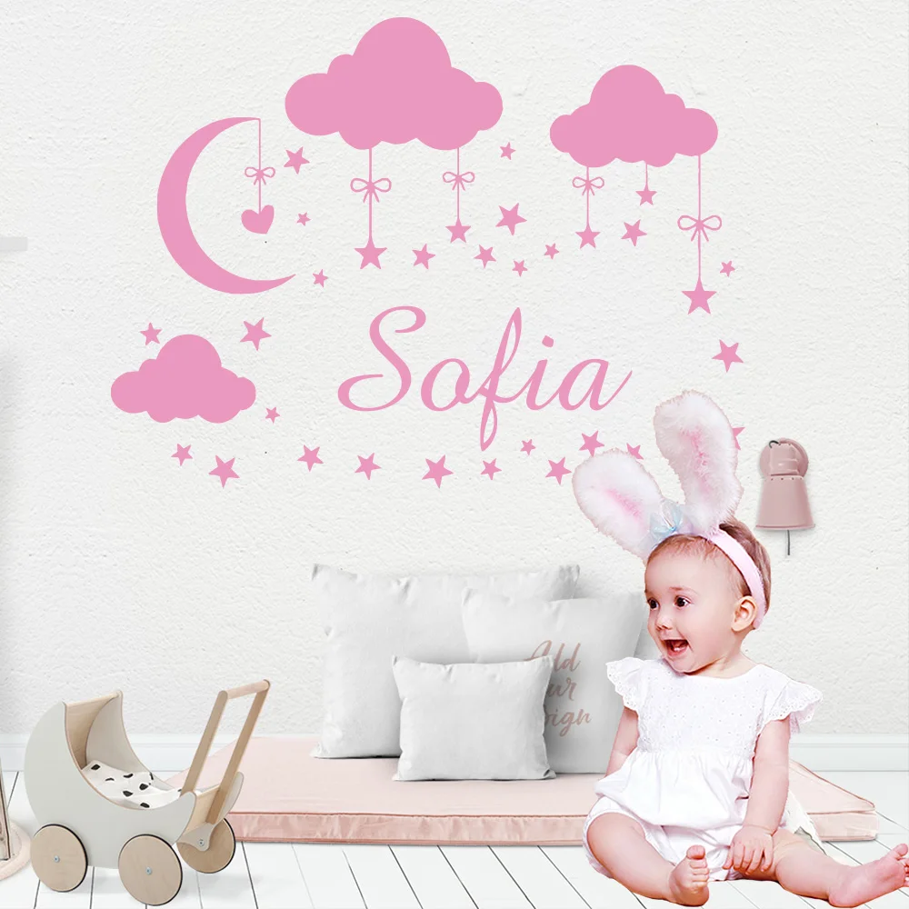 

Custom Personalized Name Cloud Moon Stars Vinyl Art Wall Sticker Decals For Kids Babys Room Decoration Girls Bedroom Decor Mura
