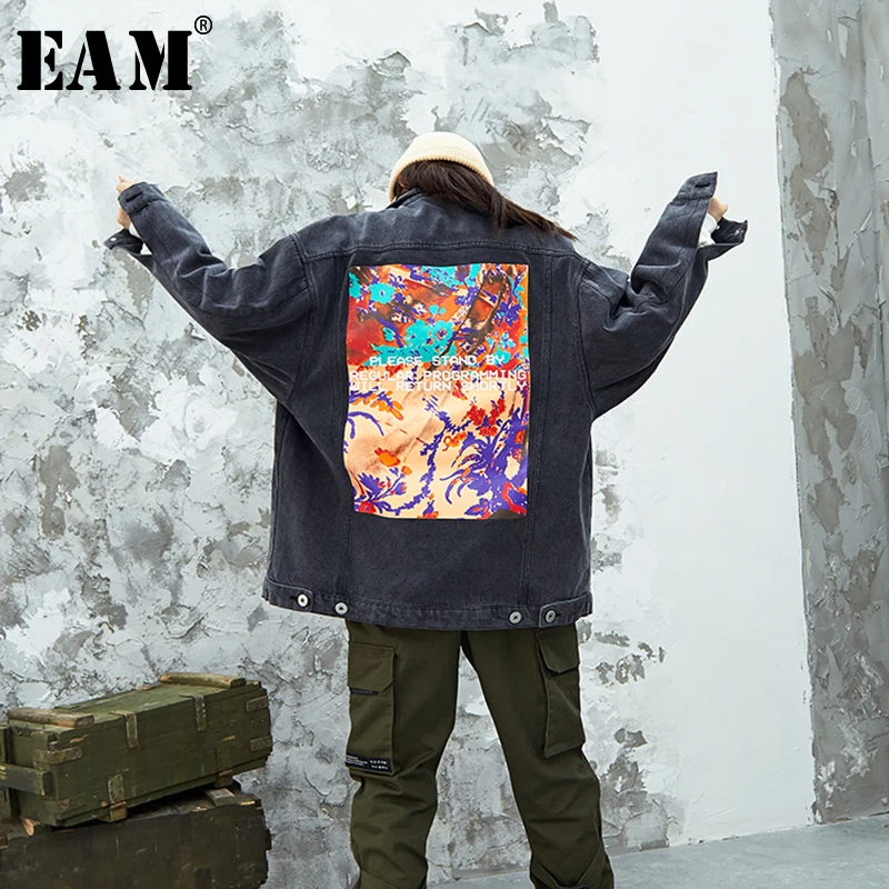 

[EAM] Loose Fit Pattern Printed Button Pockets Jacket New Lapel Long Sleeve Women Coat Fashion Tide Autumn Winter 2019 JZ318