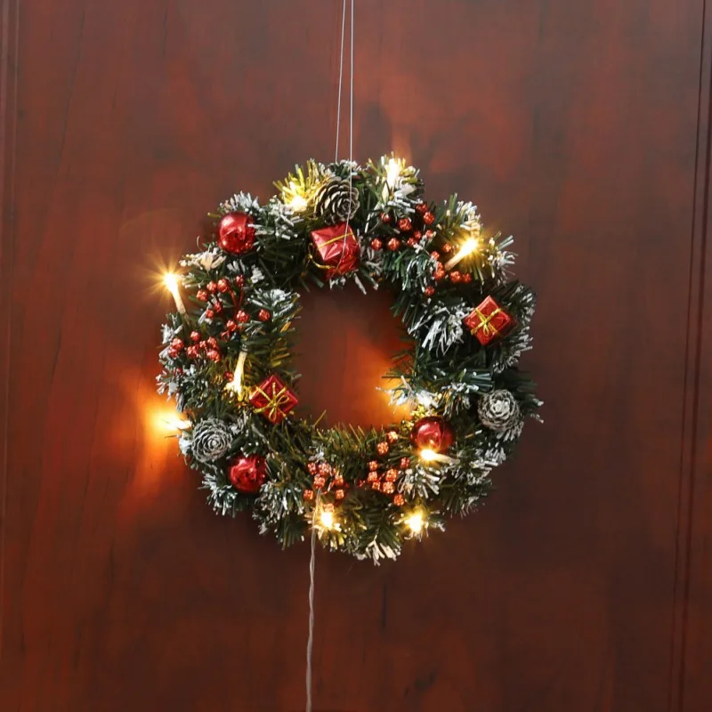 Christmas Wreath With Battery Powered LED Light String Front Door Hanging Garland Holiday Home Decor Ship US