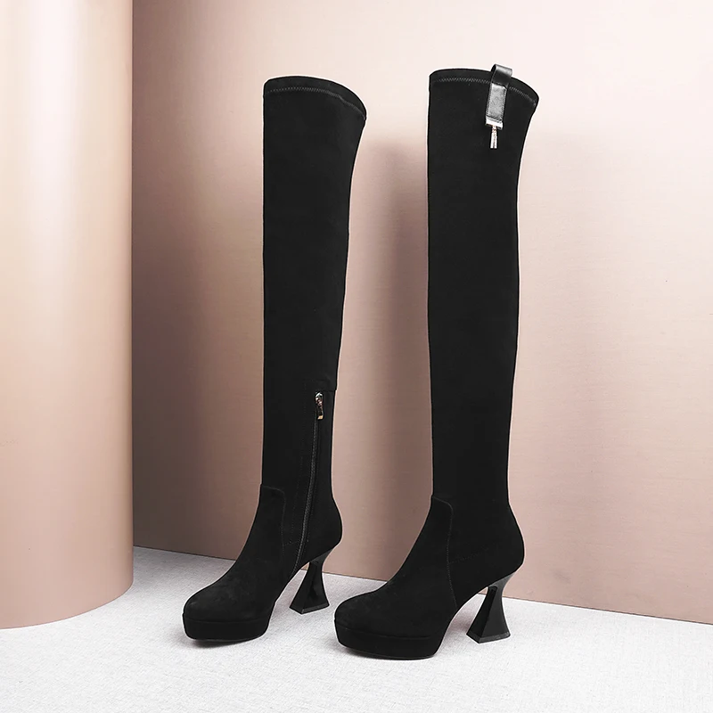 Botas mujer invierno/; эластичные сапоги выше колена из искусственной замши; женские готические сапоги на платформе с необычным высоким каблуком; маленький размер 33
