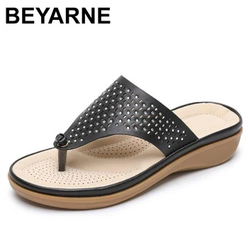 

BEYARNE New summer sandals women thongs open toe rhinestones hollow woman beach shoes casual flat ladies stitching slippers