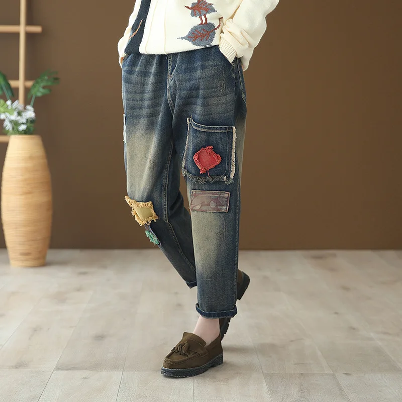 OMIKRON New Women Fashion Casual Vintage Embroidery Patchwork Elastic High Waist Blue Denim Boyfriend Jeans Harem Pants Trousers