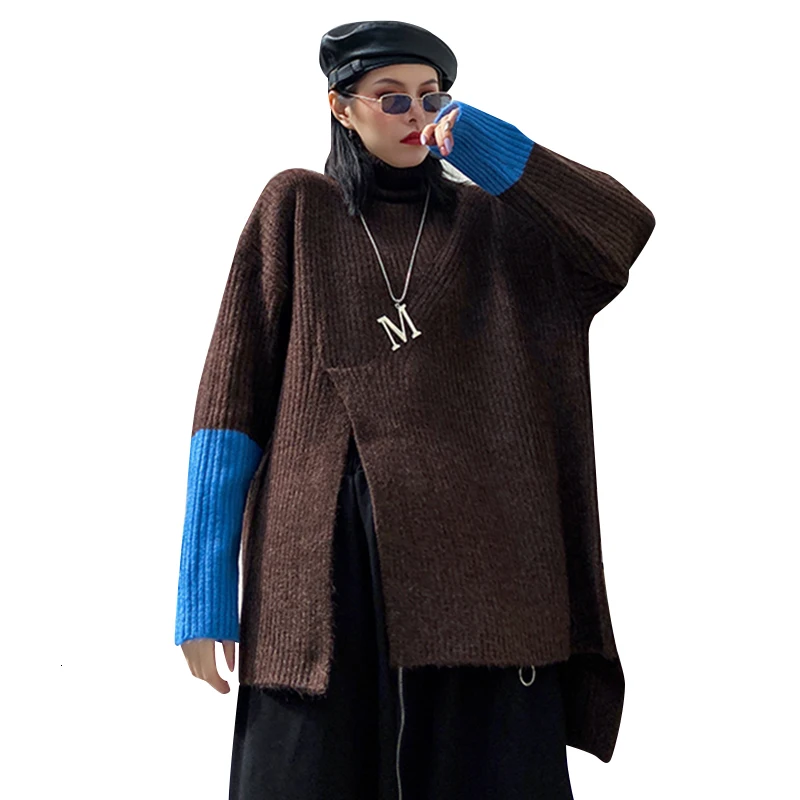 CHICEVER пэчворк хит цвет вязаный свитер для женщин О-образный вырез длинный рукав негабаритный Боковой разрез женские свитера Одежда Мода