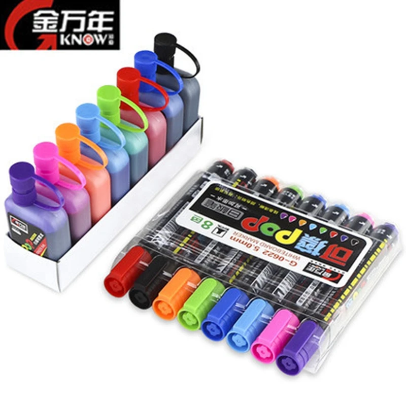 

KNOW POP Whiteboard Marker/Ink 8 Colors 5/12mm Water-based Repeated Filling Erasable Pen Advertising/Poster Pen G-0622/0625/0311
