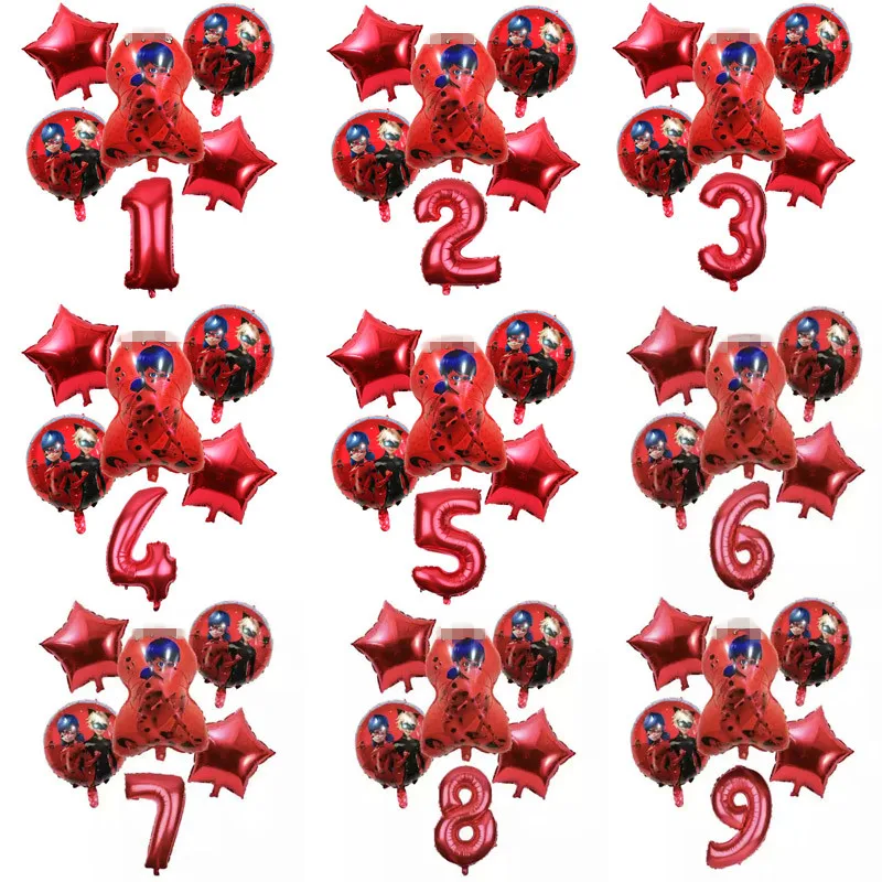 

6pcs/lot Hot Cartoon Ladybug Foil Balloons Birthday Party Decorations Ladybug Helium Mylar And 32 Inch Number Balloon Wholesale