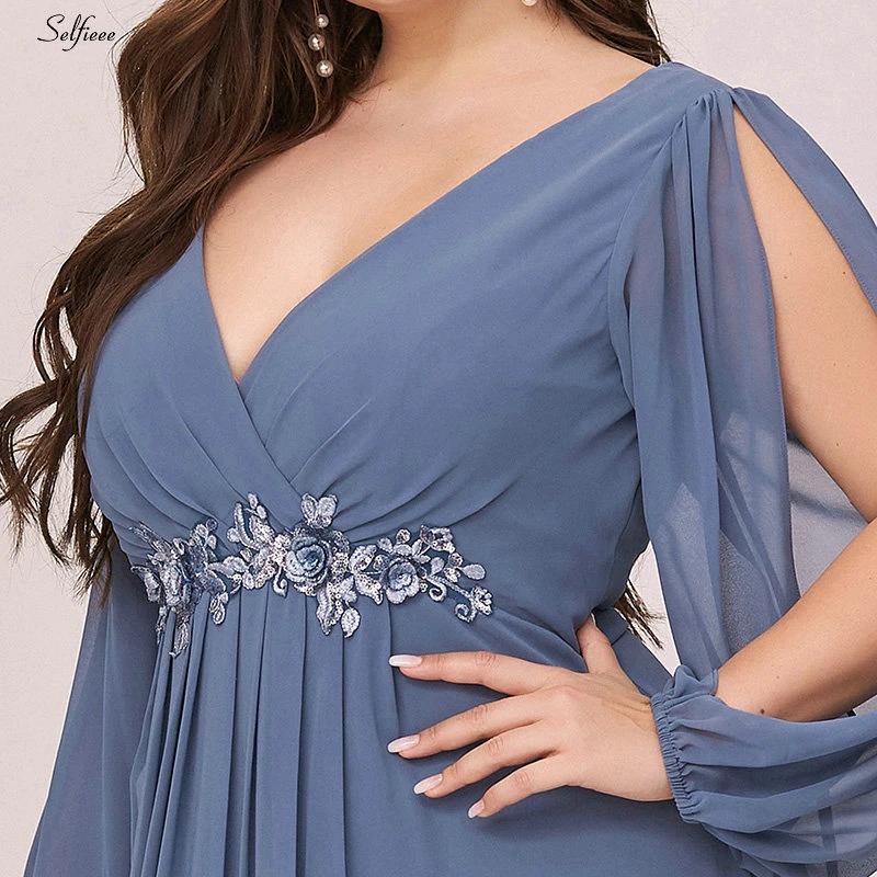 Dusty Blue Plus Size Women Dress Deep Chiffon V-Neck Long Sleeve Appliques  Ruched Long Party Dress Maxi Dress Robe De Soiree - AliExpress