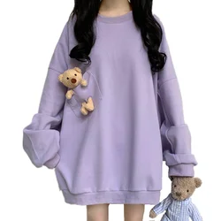 2022 Spring New Women Harajuku Kawaii Hoodie Soft Pullover Sweatshirt With Pocket Plush Bear Solid Outwear Oversize Casual Hoody
